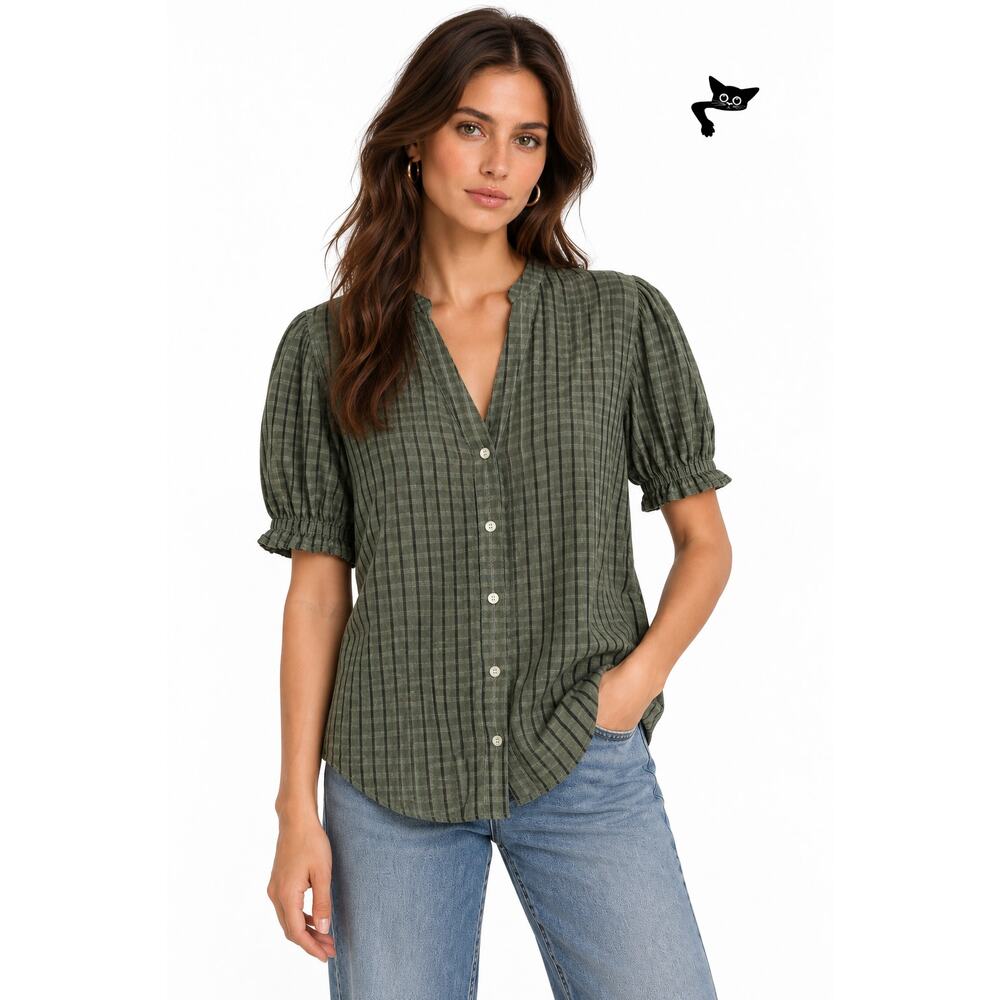 Cloth and Stone Green Plaid Puff Sleeve Linen Buttondown Women's US S - Picture 6 of 13